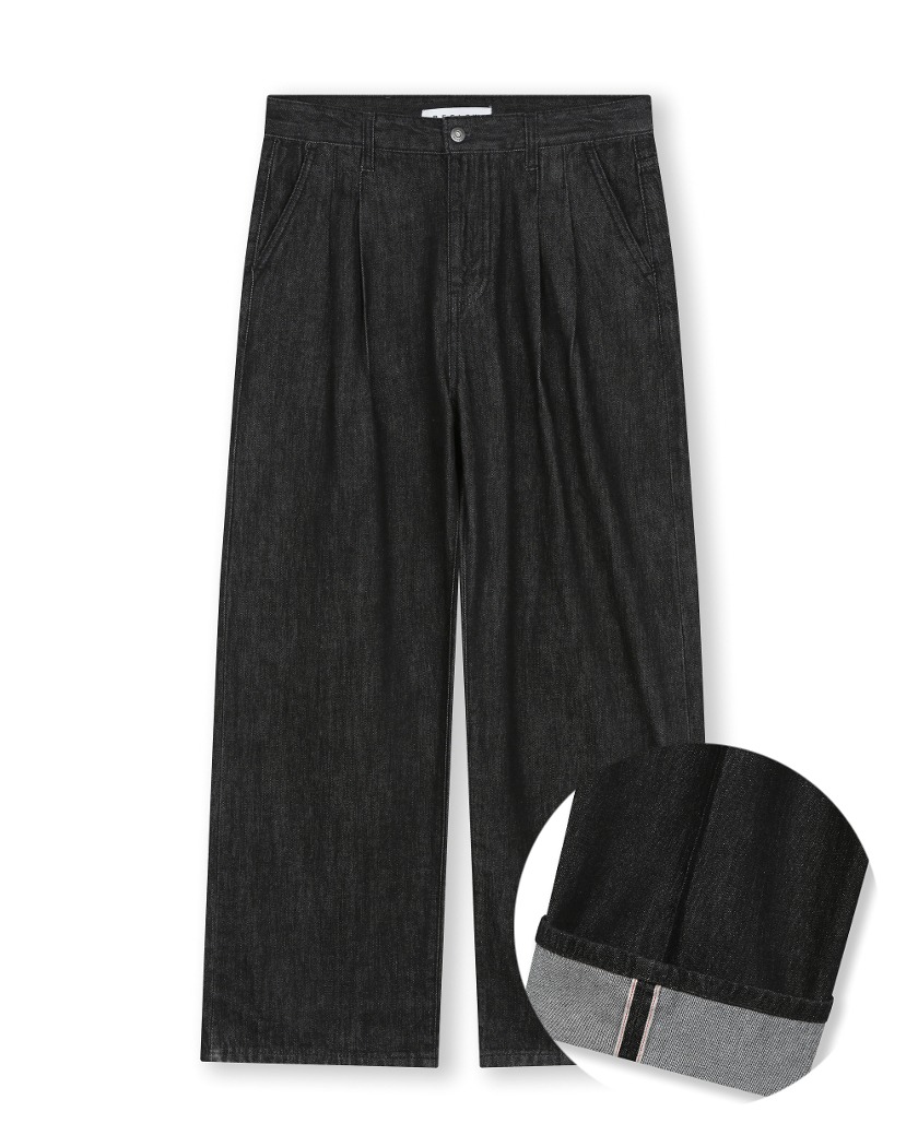 WIDE FIT TWO TUCK SELVAGE DENIM PANTS_BLACK