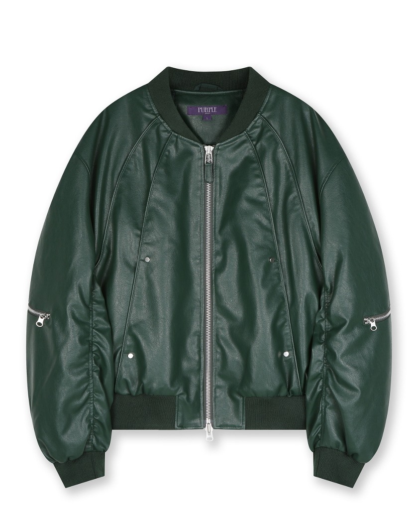CURVED LINE FAUX LEATHER BOMBER JUMPER GREEN