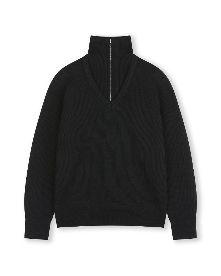 WOOL DOUBLE LAYERED HALF ZIP UP KNIT BLACK